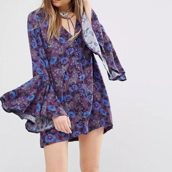 Free People Magic Mystery Tunic Dress Purple Electric Blue $108 Wine Small - Picture 2 of 9